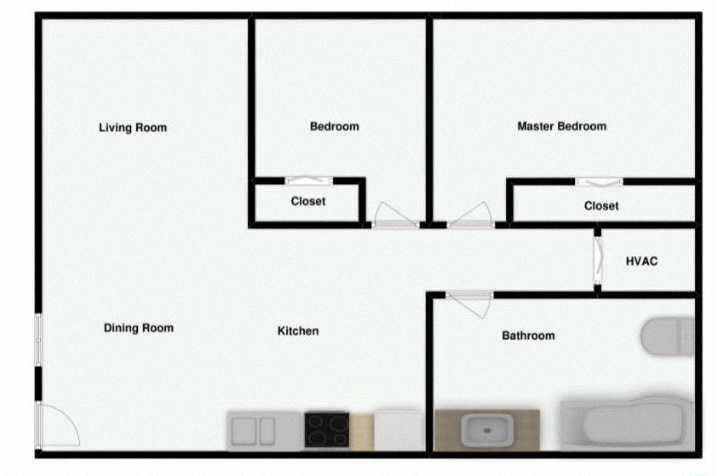 Floor plan for 2 beds, 1 bath, 850 sqft